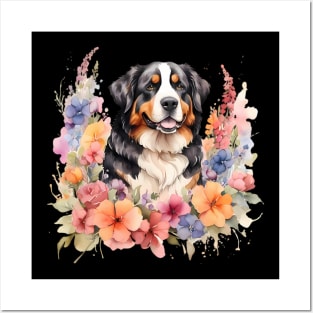 A bernese mountain dog decorated with beautiful watercolor flowers Posters and Art